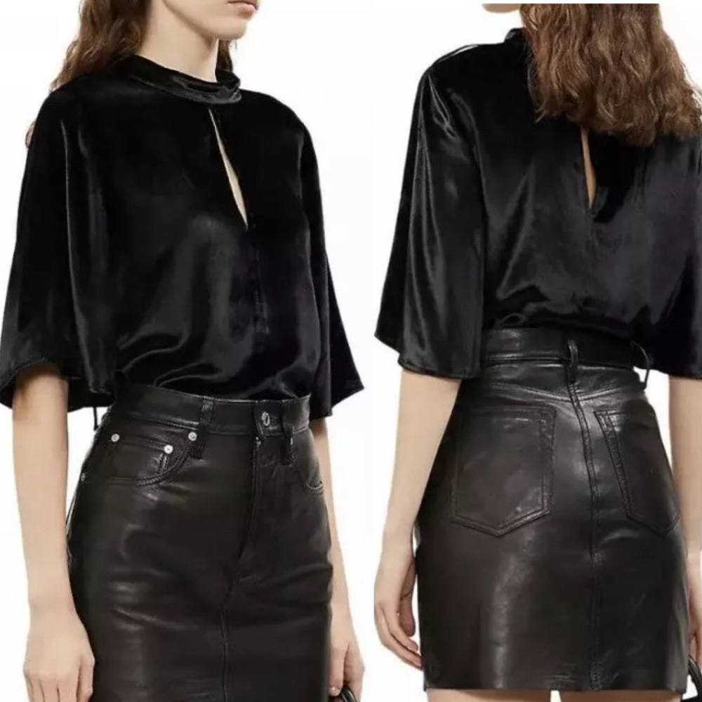 NWT J Brand Chani Black Short Sleeved Velvet Keyhole Top. Front & back keyholes